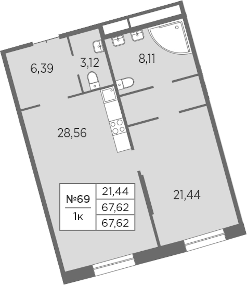 1-комнатная квартира 67.62 м², 2/7 эт., ЖК «Северная Корона»